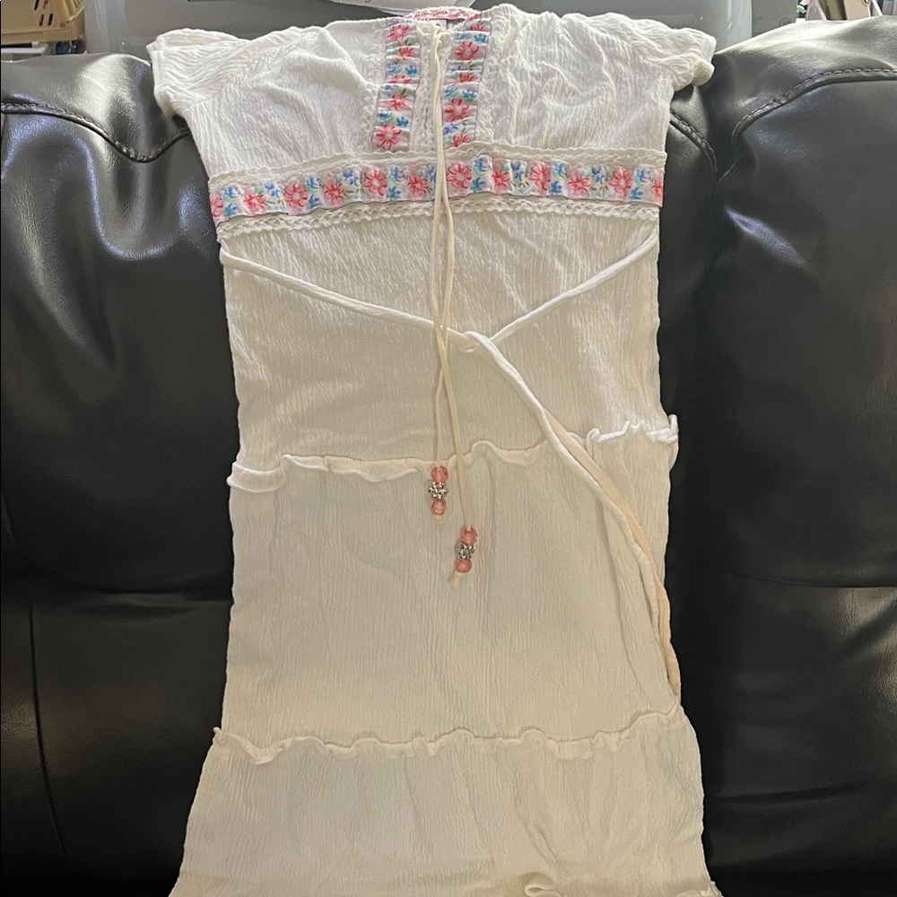 Off white  Embroidered Boho guaze Sundress with Pink & Blue Accents. Stretchy.